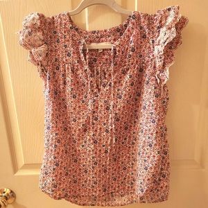 LOFT Pink Blue Floral Peasant Style Front Tie Eyelet Ruffle Flowy Blouse Small